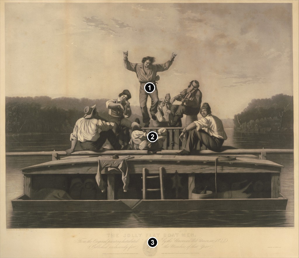 Annotated details from Thomas Doney after Bingham, The Jolly Flat Boat Men, Met impression, 1847 by George Caleb Bingham